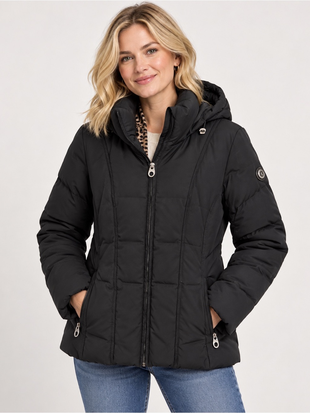 Calvin Klein Black Down Puffer Hooded Jacket Leopard Lining